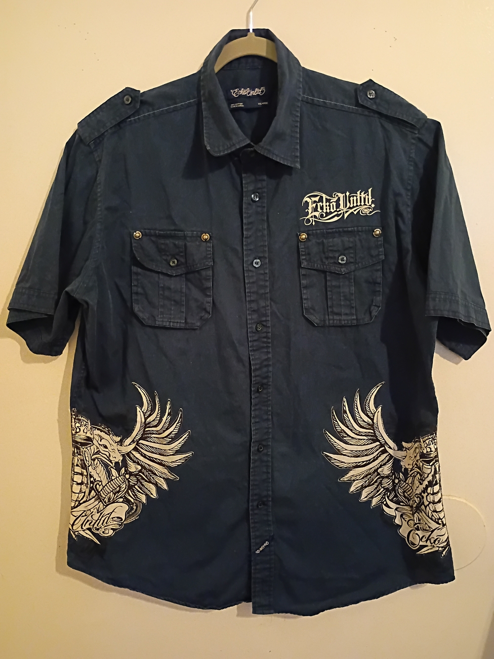 Ecko Unlimited Men's Navy Short-Sleeve Graphic Button-Up Shirt Sz XL